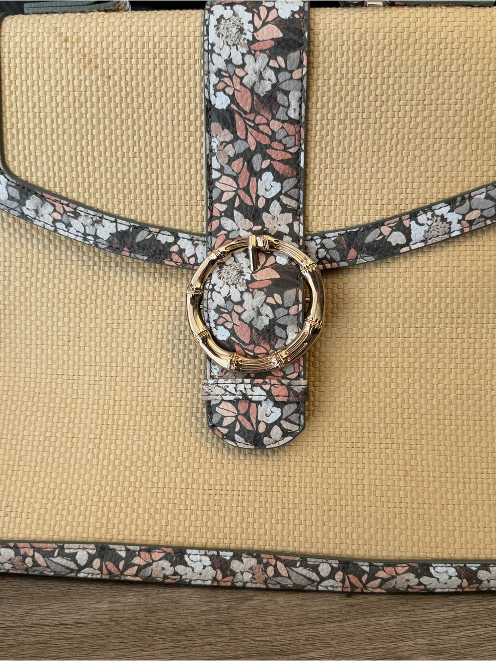 Floral Trim Straw Crossbody with Gold Ring Accent